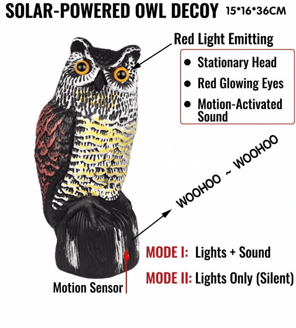 Predator Decoys for Birds | Rotating Head Owl Decoy | Motion Activated Solar Powered Owl Decoy for Birds