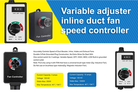 120V 15A Inline Fan Speed Controller | Line Duct Fan Variable Speed Controller | Cultiuana HHY-919
